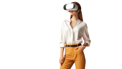 Stylish woman in business attire with VR headset, merging professional and digital realms