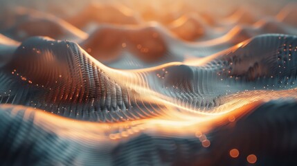 3D rendering of a copper landscape with glowing particles