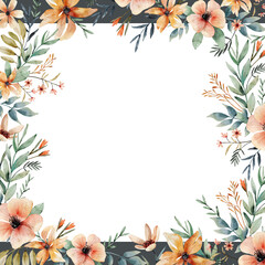 Watercolor floral frame. Hand painted flowers and leaves isolated on white background.