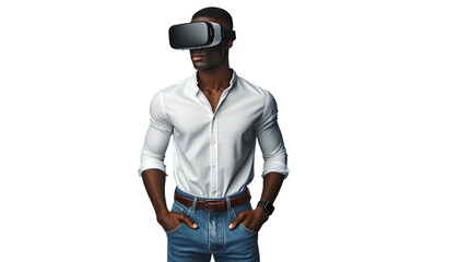 Stylish Black man in white shirt and VR headset showcasing future fashion