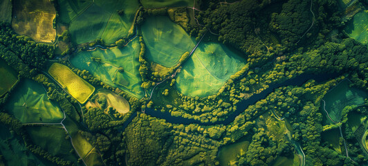 An aerial view of lush green fields and rivers showcases an expansive natural landscape