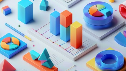 A 3D illustration of colorful charts and graphs representing data analysis.