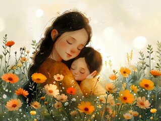 Love and Security: A Serene Mother-Child Digital Artwork