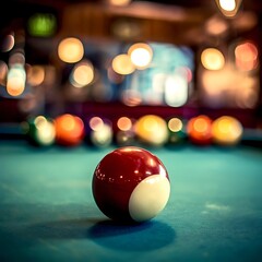 A billiard ball sits on the billiard table among other billiard balls