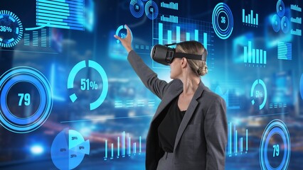 Woman reporter presenting news of pointing market data graph analysis via VR future global...