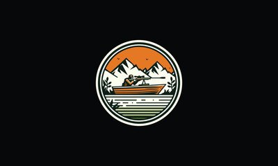 Sniper with rifle, mountain, river, boat, circle, round, design, logo, art 