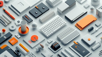 A 3D render of a desk with a keyboard, mouse, books, and other office supplies. The color scheme is white, gray, and orange. The objects are arranged in a neat and orderly fashion.