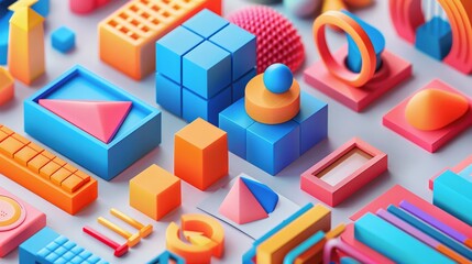 A 3D render of colorful geometric shapes on a white background.