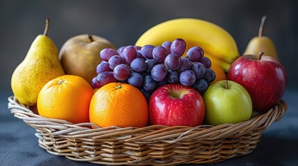 
Large wicker basket with fruit. Apples, bananas, grapes, pears, tangerines, oranges, kiwis in a still life. Fresh fruits, berries, vitamin complex. Fructose, vitamin C, fruit composition.
