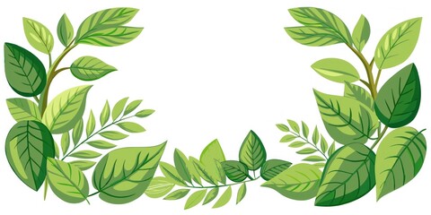 Border Design with Lush Greenery,A semi-circular border with a variety of green leaves creating a fresh botanical aesthetic. Copy space. .invitations, eco-friendly product packaging, website headers - obrazy, fototapety, plakaty