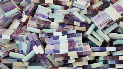 3D rendering of pile of stacks of 500 Euro notes spread on screen surface. money Euros background