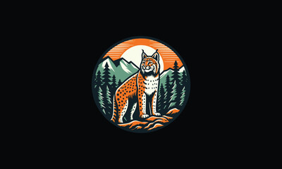 Bobcat, wildcat design logo, mountain, forest, trees, moon, sky design logo 