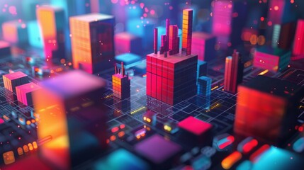 A 3D rendering of a futuristic city with glowing lights and a circuit board like surface.