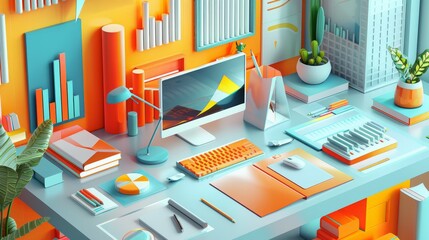 A 3D rendering of a desk with a computer, books, and other office supplies. The desk is orange and blue.