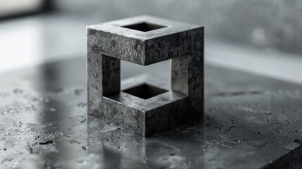 A 3D rendering of an impossible cube made of metal with a concrete texture, sitting on a concrete surface.
