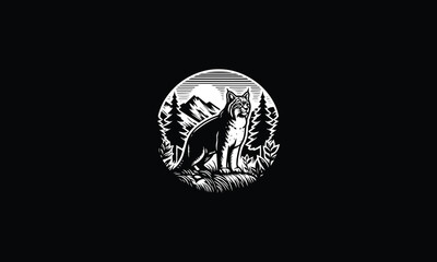 Bobcat design with mountain, forest, trees logo design 