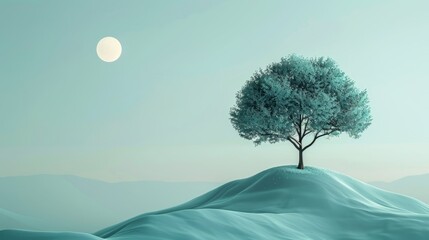 A beautiful blue tree stands alone on a snowy hill against a pale blue sky.