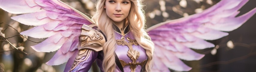 Fantasy cosplay character with intricate purple wings in a natural setting