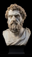 Classical marble bust of a bearded philosopher on black background