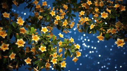 Yellow flowers blooming under starry night sky