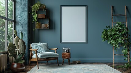 blank picture frame mockup on a wall vertical frame mockup in modern minimalist interior with plant in trendy vase on wall background, Template for painting, photo or poster - obrazy, fototapety, plakaty