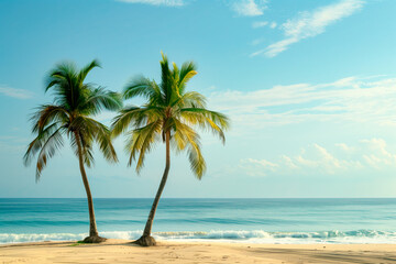 Two palm tree stands tall on sandy beach under a clear blue sky.