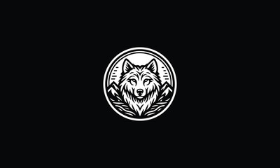 Wolf head with circle, round, mountain logo design 