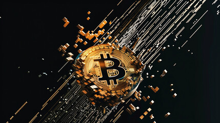 Encrypted Bitcoin Digital Blockchain Secure Wallet Data Transfer On Black Background