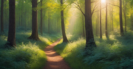 Fototapeta premium Beauty nature outdoors woodland morning with magic sun, fantasy paradise path for meditation