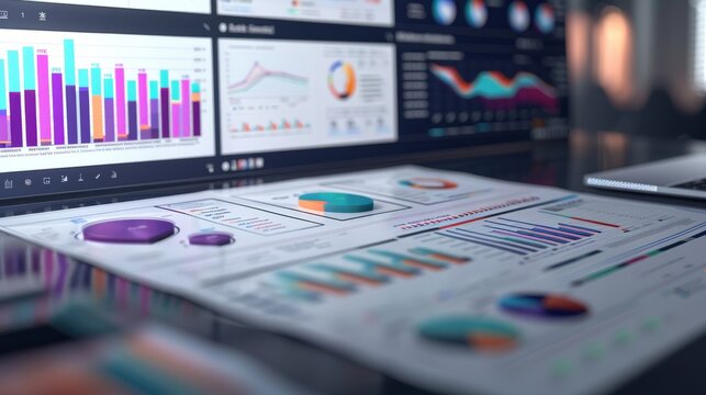 A computer screen and desk covered in financial data and charts.