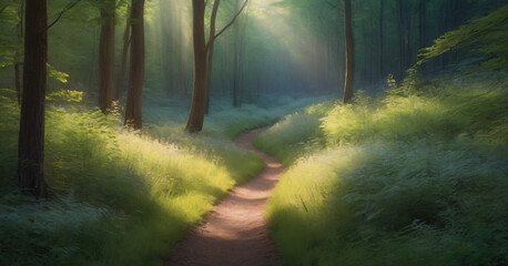 Obraz premium Beauty nature outdoors woodland morning with magic sun, fantasy paradise path for meditation