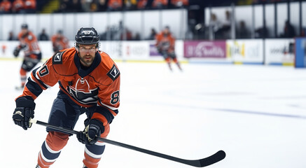 A hockey player in a black and orange uniform rides on the ice in the hockey arena with a raised...