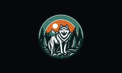 Fox design with circle , mountain, trees, forest, sky, moon design logo 