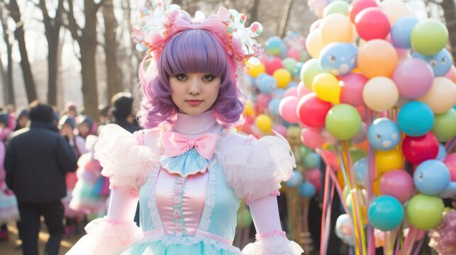 Colorful Harajuku Fashion Style with Balloons in Background