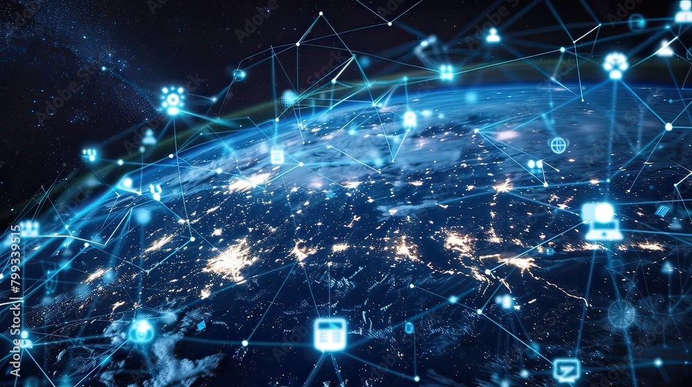 Wall mural global world network connected to technology devices and icons. abstract technology background conce