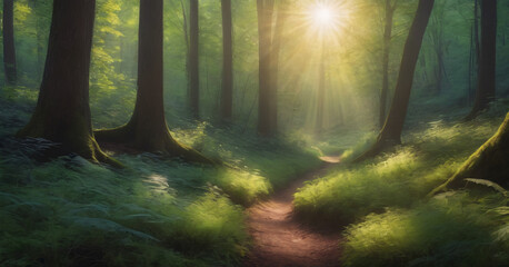 Beauty nature outdoors woodland morning with magic sun, fantasy paradise path for meditation