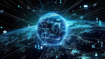 Global world network connected to Technology devices and icons. Abstract technology background concept