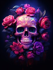 Vibrant Floral Decorated Skull on Dark Background