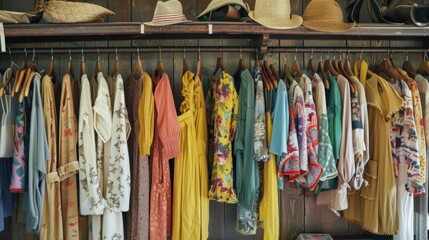 A variety of colorful clothing items and hats displayed on a rack