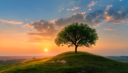 A lone tree standing on a lush grassy hill, the sun setting in the horizon