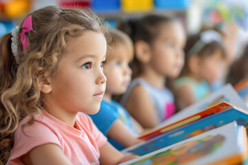 Children in kindergarten at a reading lesson