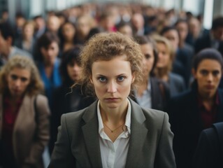 Focused businesswoman standing out in a crowded hallway