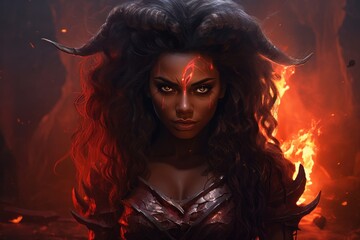 Mystical female warrior with fiery background