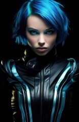 Futuristic Woman with Blue Hair in a Black Leather Jacket