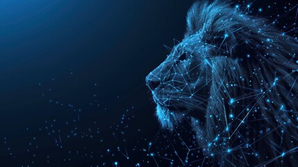 Abstract digital lion , lines and connected dots. King of beasts. Technology wild concept. Low Poly Wireframe 3D illustration