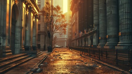 The sun shines down an empty street in a city.