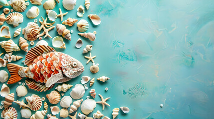 banner for world ocean day, fish made from shells on blue background with copy space