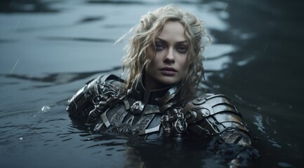 Warrior woman in armor standing in water under rain