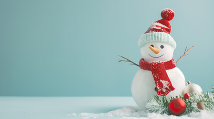 Christmas and New Year banner with a cute snowman in a red scarf on a light blue background and copy space - obrazy, fototapety, plakaty