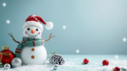 Christmas and New Year banner with a cheerful snowman on a light blue background and copy space - obrazy, fototapety, plakaty
